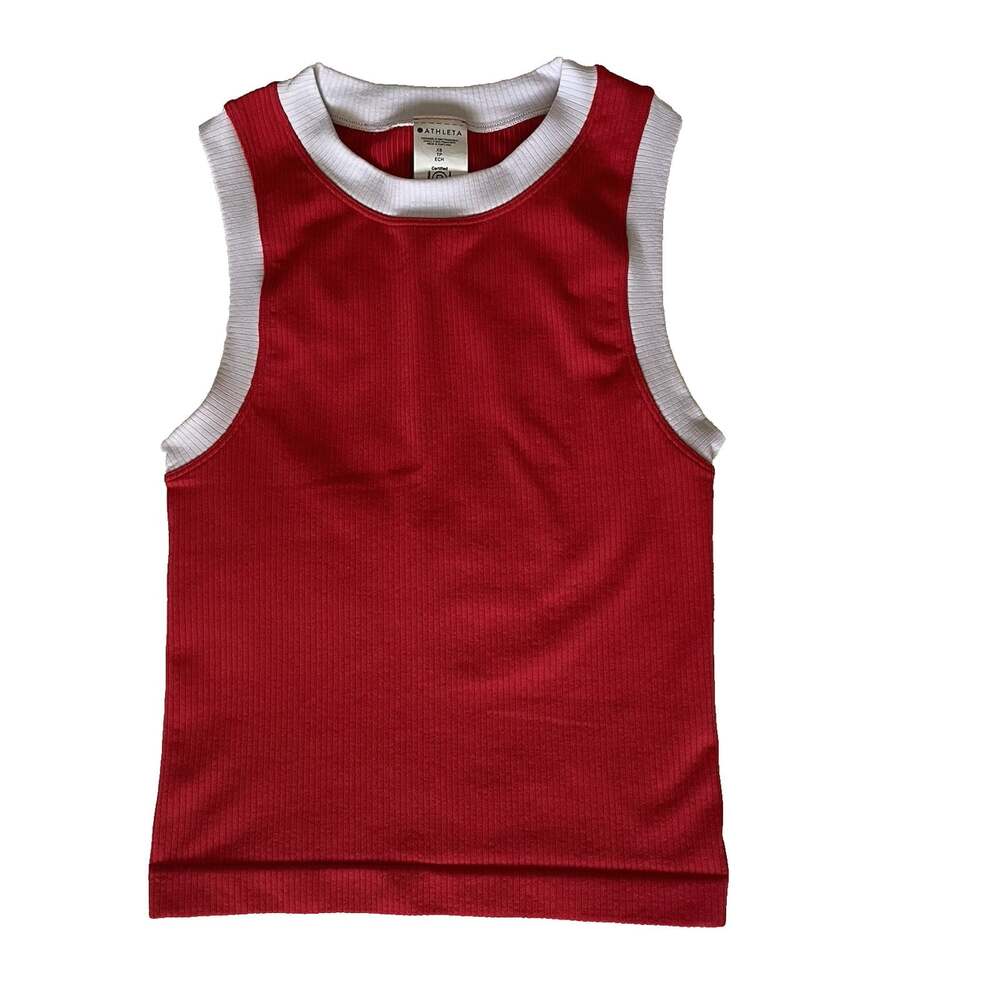 Athleta Womens XS Ribbed Crew Neck Sleeveless Cropped Tank Top Red/White Trim